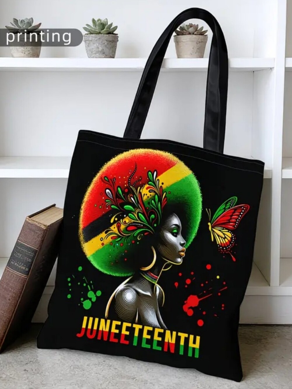 Juneteenth Black Tote Bag with Afro Art #2